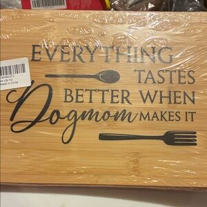 Bamboo Cutting Board with Black Writing and Utensil